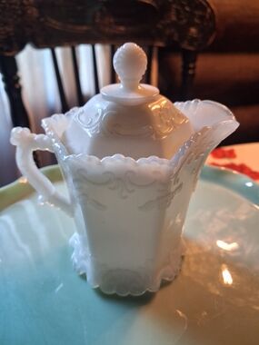 White Ornate Milk Glass Creamer with Lid